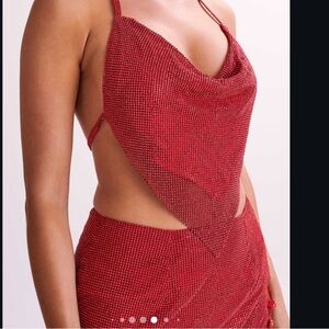 MESHKI✨Daphne Diamante Cowl Neck Halter Top- Red